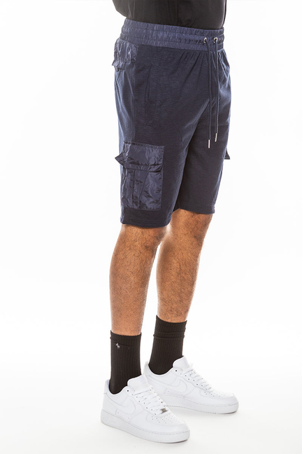 Lightweight slub shorts in navy with elastic waistband and cargo side pockets