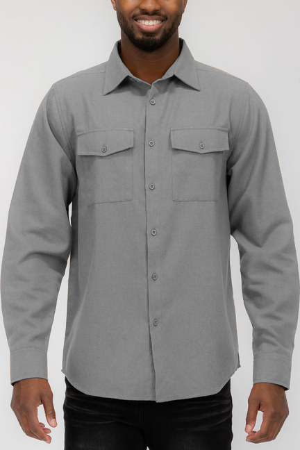 Men's light grey flannel button-up shirt with two chest pockets