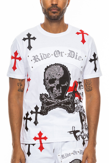 Bejewelled Chrome Skull TShirt - WHITE RED / 1 / S - Unisex Fashion
