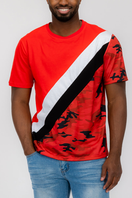 Men's red camo T-shirt with diagonal white and black stripes