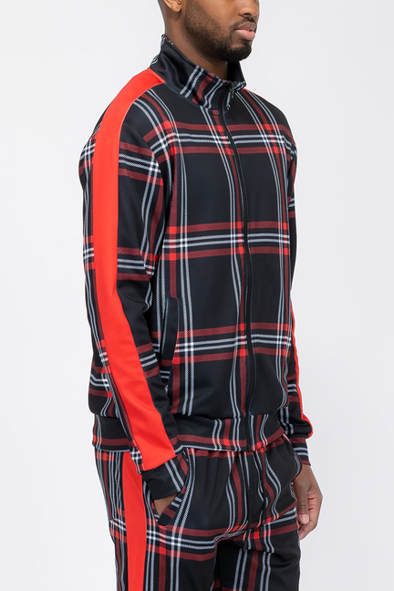 Black and red plaid zip jacket with mock neck, side view, long sleeves.