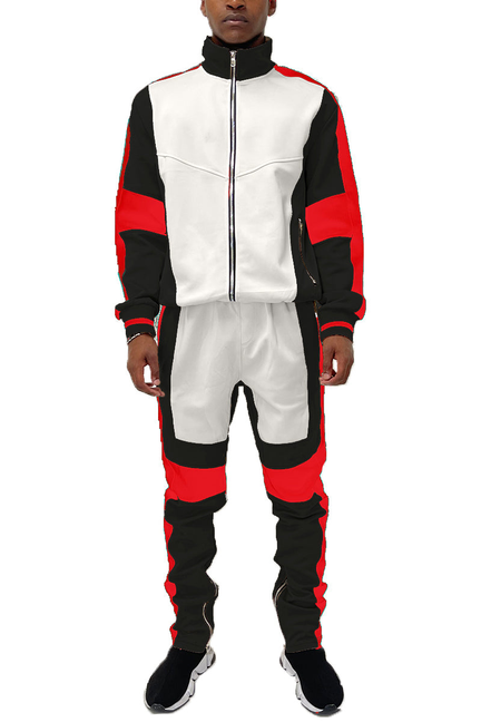 Moto color-block track set with zip jacket and joggers, black, white, and red panels