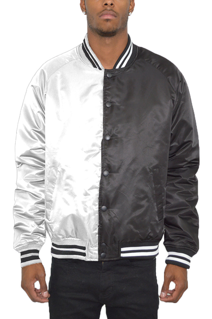 Two-tone varsity bomber jacket with black-and-white satin finish, ribbed collar and cuffs