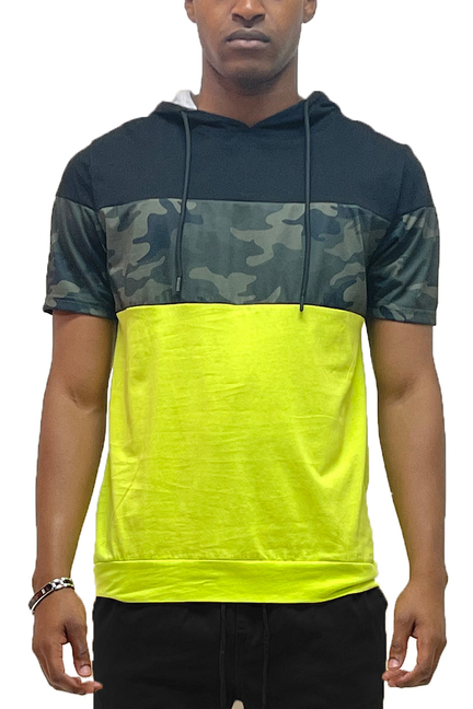 Camo hooded tee with neon green front panel, black sleeves and hood