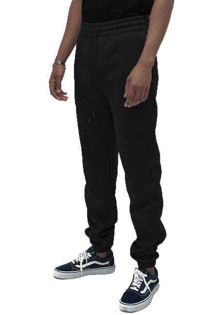Black sweatpants with drawstring waistband, cuffed ankles, and side pockets