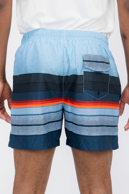 Blue striped swim shorts with elastic waist, side pocket, and stacked stripe panels