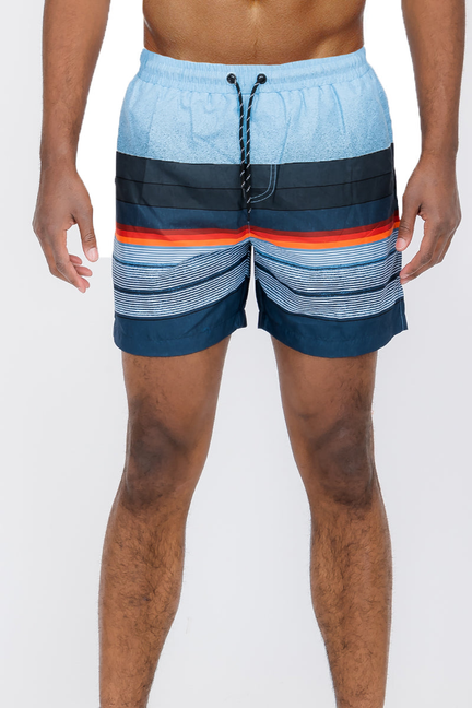 Blue striped swim shorts with elastic drawstring waist and mid-thigh length