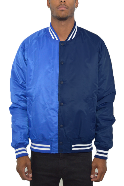 Two-tone varsity bomber jacket in royal blue and navy, button front with striped ribbed collar and cuffs