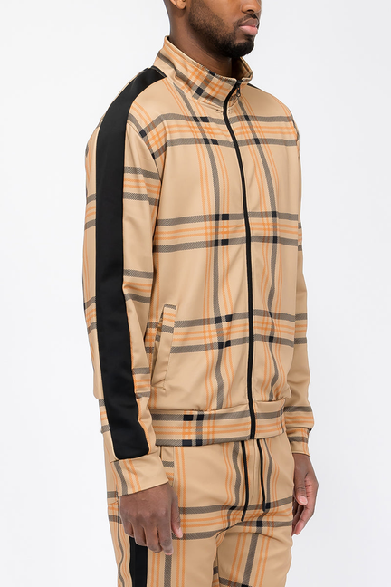 Men's plaid zip-up jacket with stand collar, tan and black with orange stripes