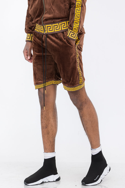 Status velour shorts in brown with gold Greek key trim and side stripe accents