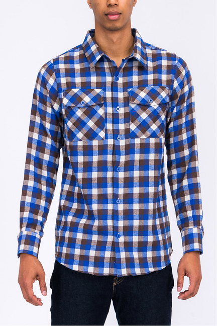 103 flannel shirt, blue and dark plaid, long-sleeve button-up with chest pockets