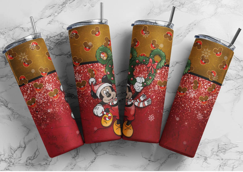 Stainless steel tumblers with red glitter finish and Mickey Mouse character wrap, screw tops