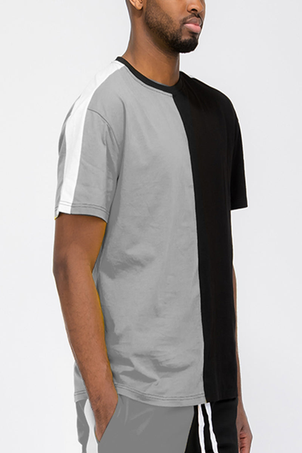 Two-way split T-shirt, grey and black crew-neck short sleeve
