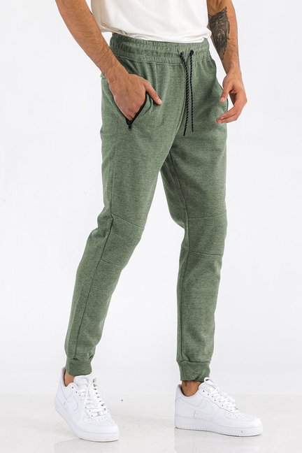 Heathered cotton sweatpants in olive green with drawstring waist and cuffed jogger legs