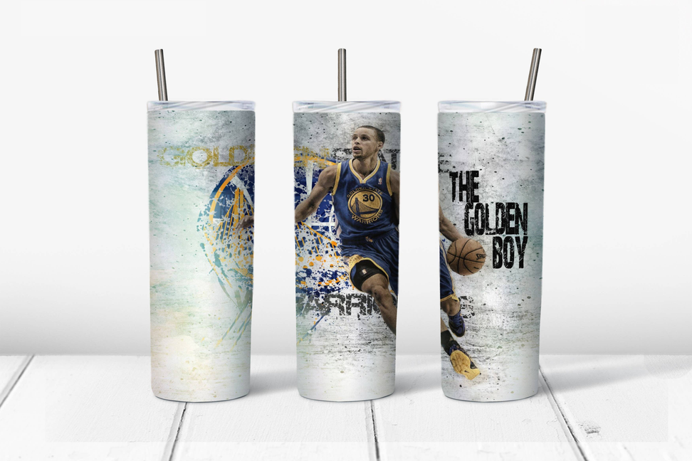 Stainless steel tumbler with clear lid and reusable straw, sports graphic print.