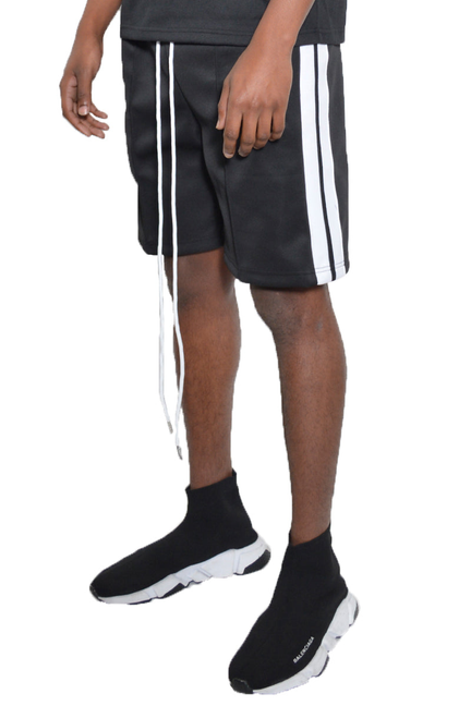 Black front pleat shorts with white side stripes