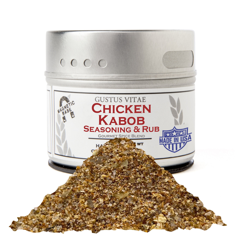 Chicken kabob seasoning jar with a mound of mixed spice blend on top