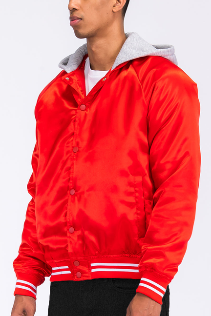 Red satin hooded varsity jacket with button front and striped ribbed cuffs