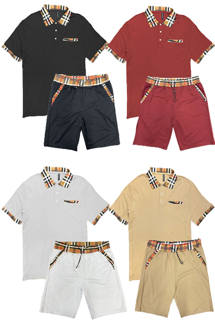 Checkered Detail Polo Short Set - BLACK / 1 / 2XL - Unisex Fashion