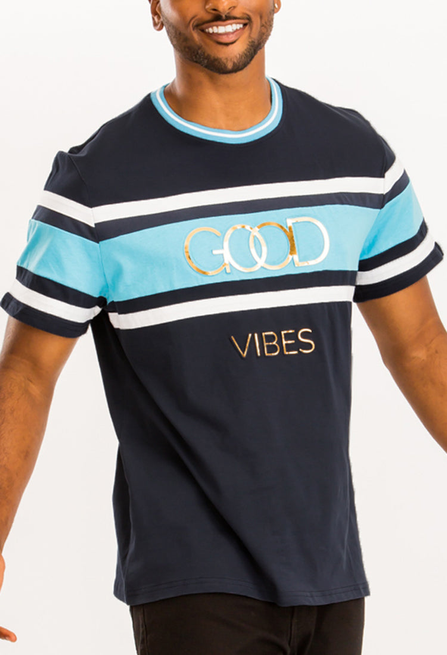 Navy graphic tee with light blue stripes and “GOOD” and “VIBES” lettering