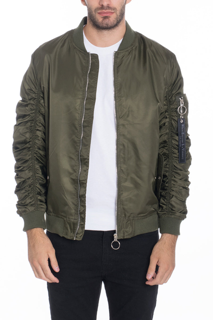 Olive Phete flight bomber jacket with front zipper and ribbed cuffs