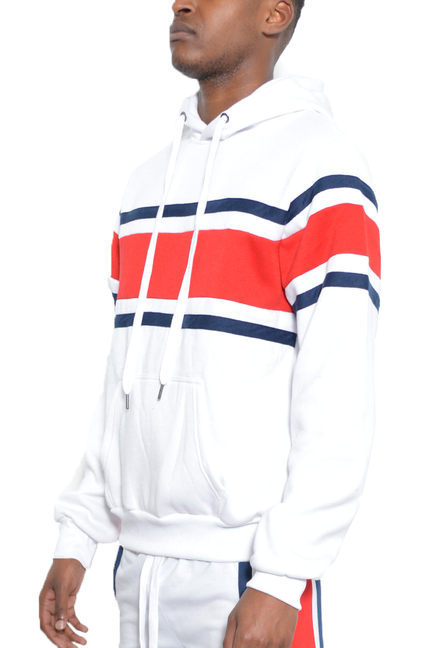 Men's white cotton hoodie with red and navy horizontal stripes, drawstring hood