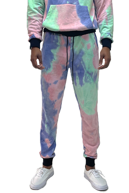 Tie-dye sweatpants with pink, purple, green panels and ribbed cuffs