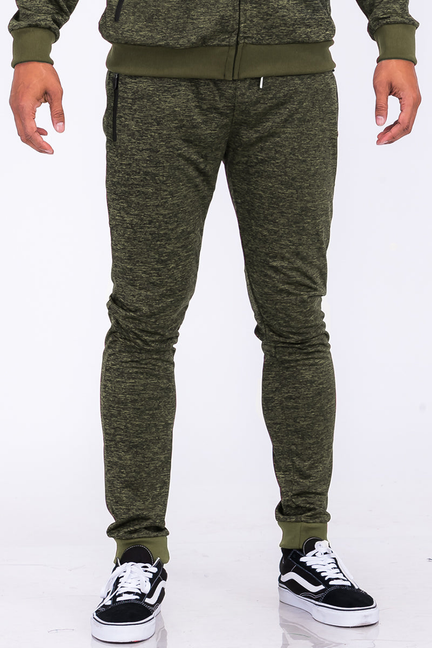 Olive speckled performance joggers with elastic cuffs and tapered legs