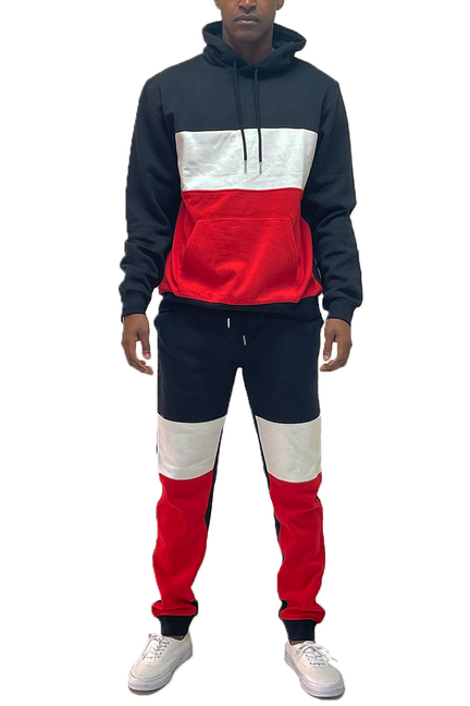 Front view color-block sweat set with hooded pullover and jogger pants in dark, white, red.