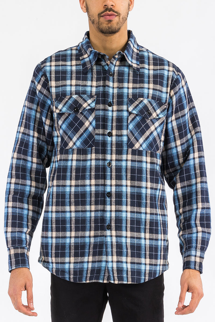 Quilted flannel shirt in navy blue plaid, button-up with quilted chest flap pockets