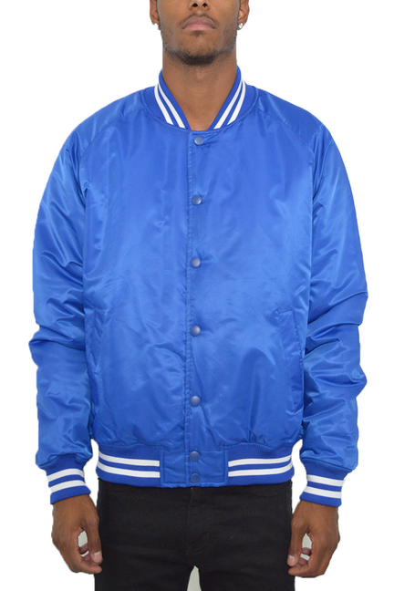 Royal blue varsity windbreaker jacket with striped ribbed collar, cuffs, and hem