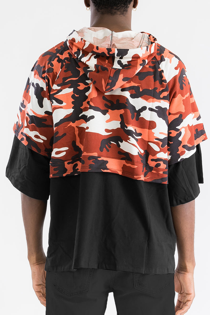 Men's camo French terry hoodie, red and white camo hood with black back and hem