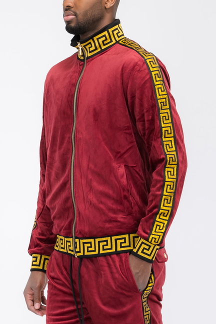 Burgundy velour track jacket with gold patterned trim, stand collar, full-zip front