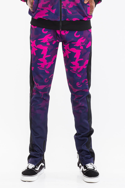 Purple camo fade track pants with tapered legs and elastic cuffs