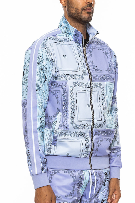 Lavender all-over paisley track jacket with full-length zipper and stand collar