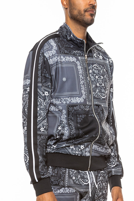 Men’s black track jacket with all-over paisley print, stand collar, full zip, ribbed cuffs