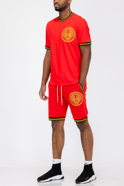 Red lion head T-shirt and shorts set with yellow trim and circular graphic
