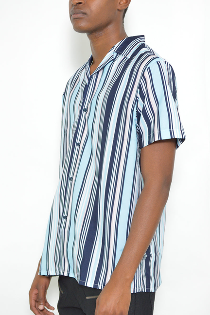 Mens short-sleeve button-up shirt with vertical blue-and-white stripes and spread collar