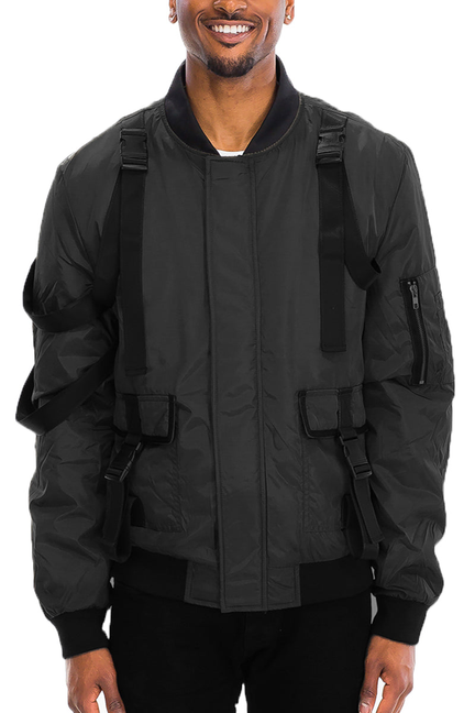 Black tactical bomber jacket with zip front, high collar, and front pockets