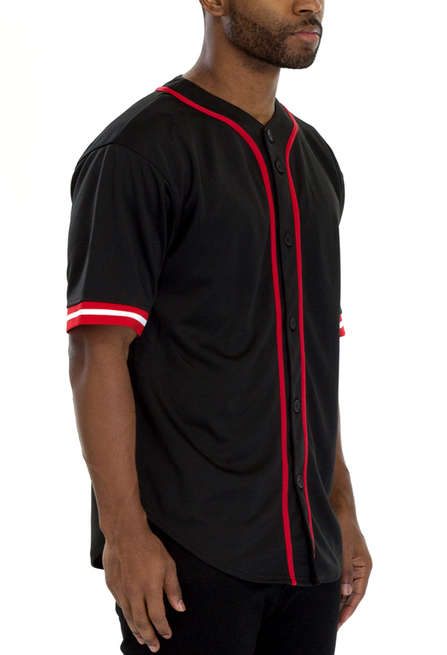 Black baseball jersey with red trim, button front, short sleeves