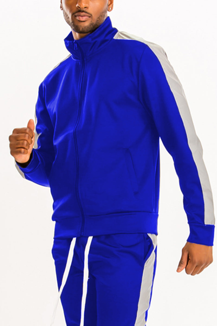 Men's royal blue track jacket with zip front and single white side stripe