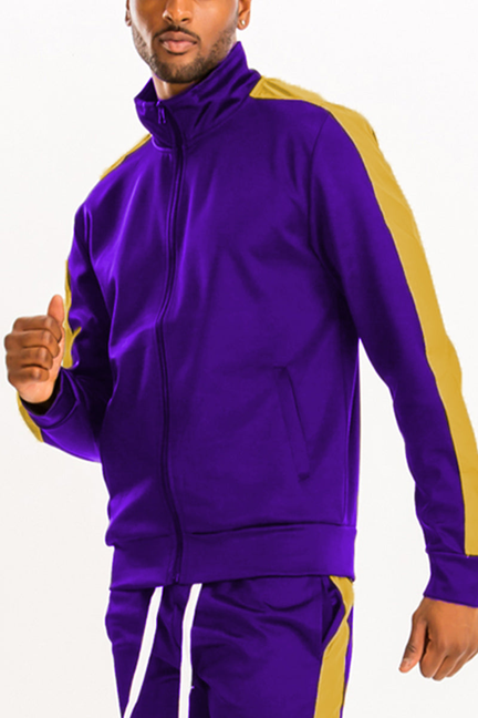 Purple track jacket with yellow side stripe, full-zip stand collar