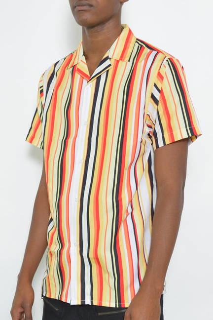 Men's short-sleeve striped button-up shirt with vertical multicolor stripes