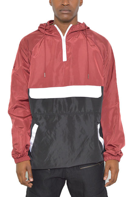 Colorblock anorak jacket in burgundy and black with hood and white half-zip