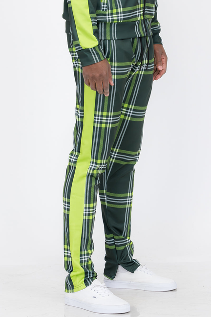 Green lime plaid track pants with cuffed ankles and elastic waistband