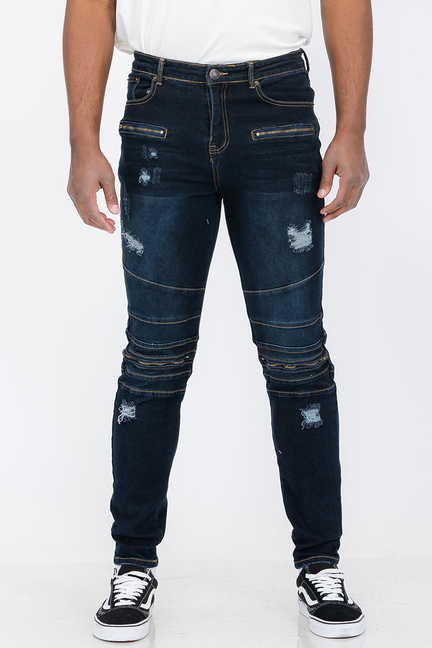 Distressed Zip Jeans - Dark Blue / 1 / 30" - Unisex Fashion