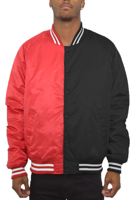 Two-tone varsity bomber jacket in red and black with striped ribbed collar and cuffs