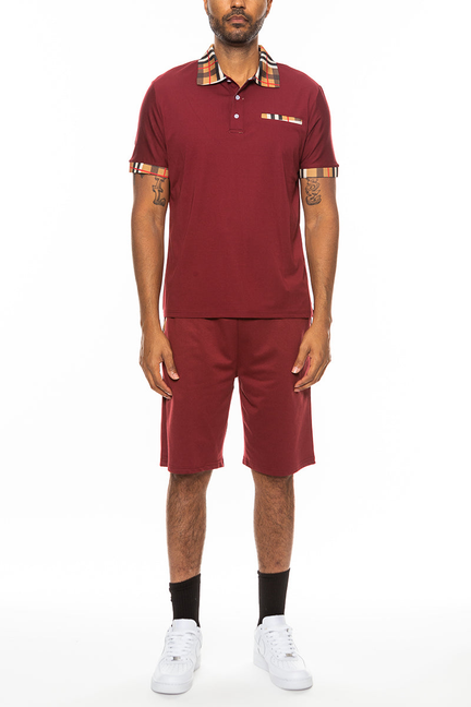 Burgundy polo shirt and shorts set with checkered collar trim