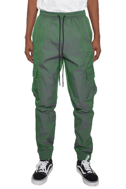 Iridescent cargo jogger pants in leaf green, elastic waist, drawstring, cargo pockets