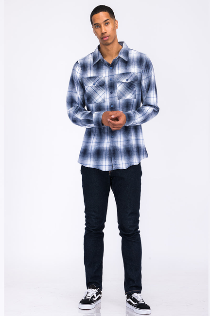 Men's navy and white plaid flannel button-up shirt with long sleeves